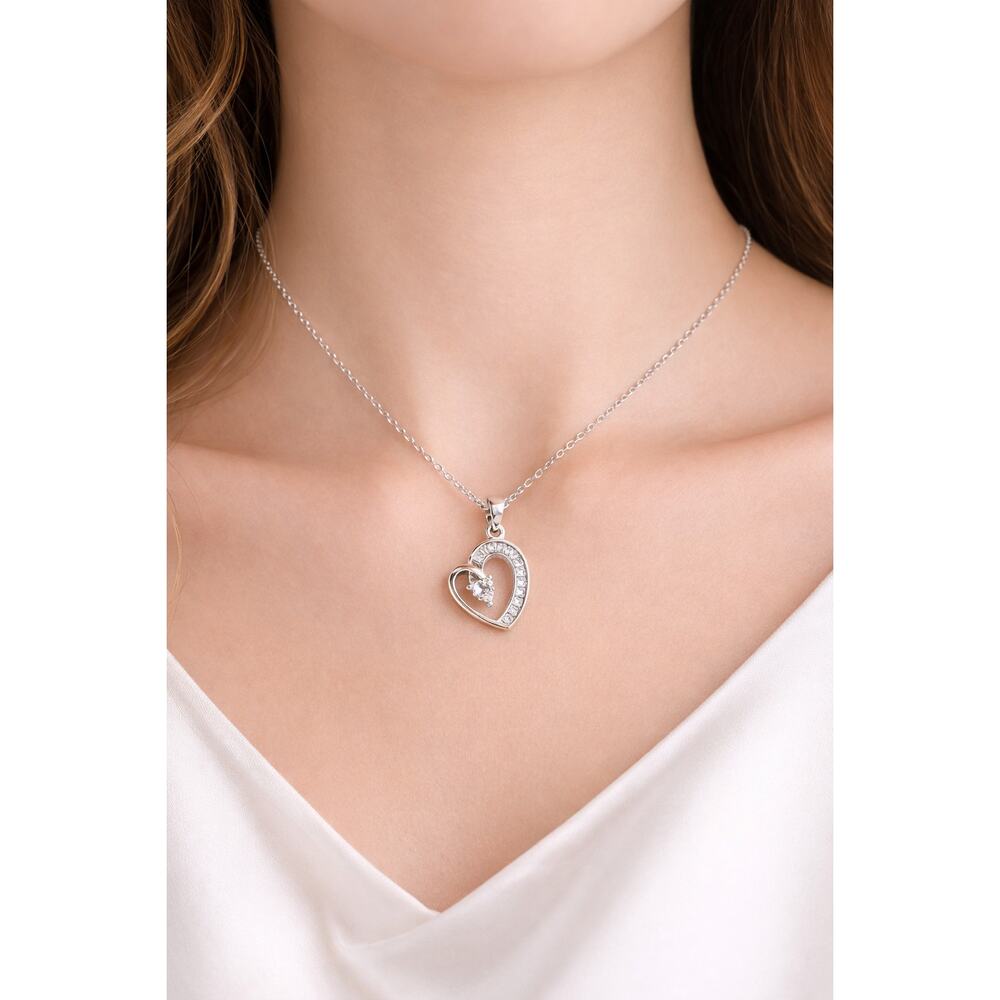 Silver Heart Pendant Necklace CZ Stone Inlay 15"+2" Adjustable Gift
